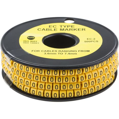 Repère câble , Ø câble 3.6  7.4mm, texte : 0, Noir sur Jaune ( Prix pour Bobine de 500 )