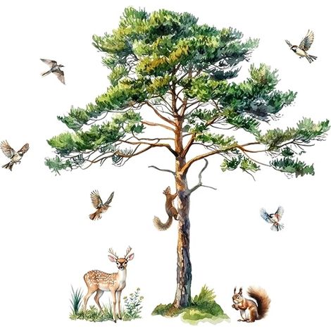 Grand Stickers Muraux, 115 x 112cm Animaux Plantes Arbre Stickers Muraux, Pin Autocollant Mural, Oiseau écureuil Faon Autocollant Muraux, Mural Arts Décoration pour Salon Chambre Bureau (1/4)