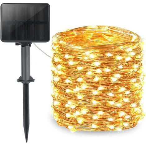Guirlande lumineuse solaire, 10 m, 100 LED, fil de cuivre, 8 modes, minuterie, protection IP65, pour sapin de Noël, jardin, chambre, balcon, décoration intérieure/extérieure, blanc chaud (1/5)