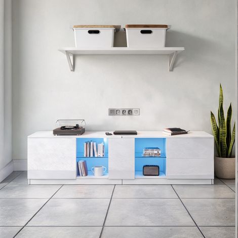 Meuble TV blanc haute brillance avec LED et rangements en MDF (1/5)