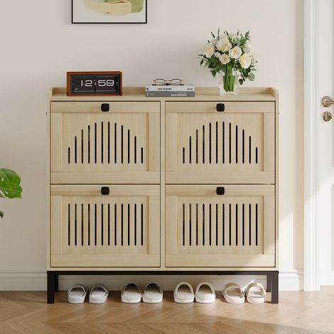 Meuble à chaussures étroit 4 abattants - Rangement ventilé (façades ajourées) - Étagères réglables, anti-basculement, poignées carrées noires - Entrée/couloir/chambre - Couleur: chêne naturel (1/5)