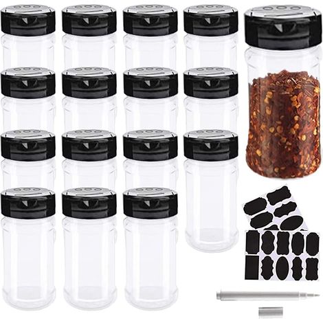 Lot de 16 flacons à épices avec couvercles noirs, pots à épices vides, récipients en plastique transparent pour conserver épices, graines de sésame, poivre, étiquettes ardoise et marqueur craie inclus