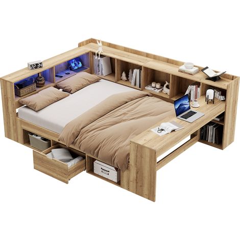 Kinderbett MDF Natur mit Stauraum, LED, USB/Type-C und Schreibtisch, wahlweise 90x200 oder 140x200 cm
