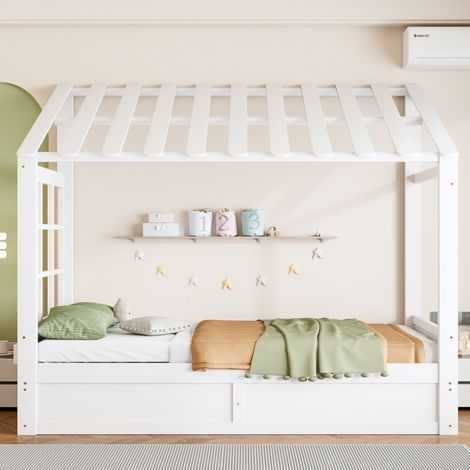 Lit enfant 90x200 cm blanc avec rangement hydraulique et détails maison (1/5)