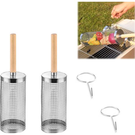 Grill Roulant 2 Pièces avec Poignée Amovible - Panier de Cuisson en Acier Inoxydable 304 pour Légumes, Viande, Barbecue - Idée Cadeau Anniversaire Homme et Papa (1/5)