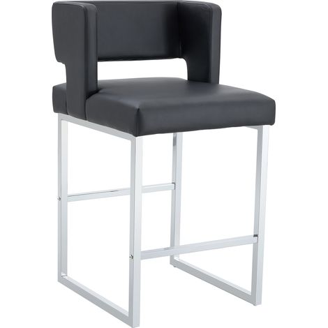 Tabouret de Bar en Cuir PU avec Assise Rembourree, Pieds Metalliques Argentes, Noir (1/5)