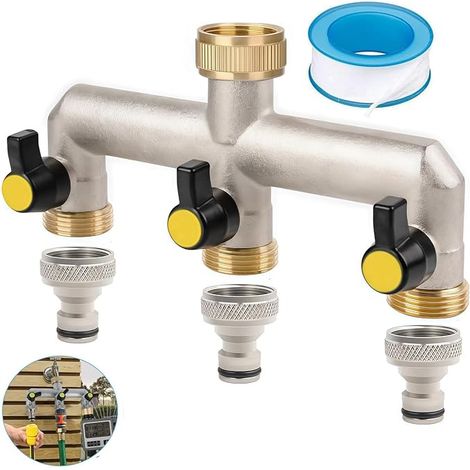 Robinet Distributeur 3 Voies, Distributeur d'eau 3 Voies 3/4, Adaptateur Tuyau Arrosage, Connecteur pour Régler et Fermer le Débit d'eau, Répartiteur d'eau 3 voies, pour Maison, Jardin (1/5)