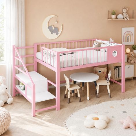 Cama alta baja infantil 90 x 200 cm con escalera de almacenaje, metal, rosa (1/5)