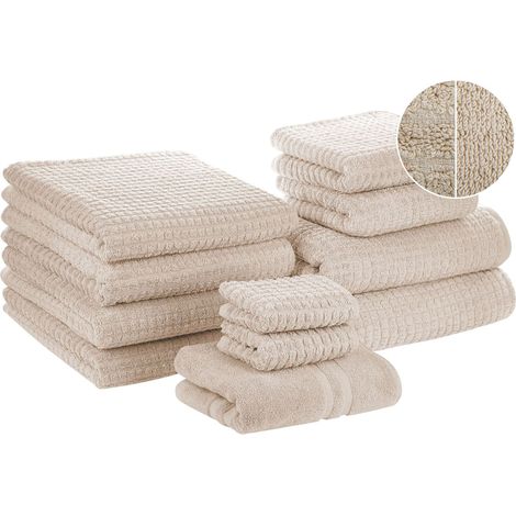 Set of 11 Towels Beige Cotton Low Twist Guest Hand Bath Towel Bath Sheet and Bath Mat ATAI (1/5)
