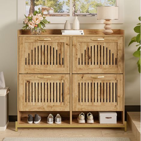 Schuhschrank aus MDF in Holzoptik 108,5x24x100 cm, 4 Türen mit Lamellenoptik und oberer Ablage (1/5)