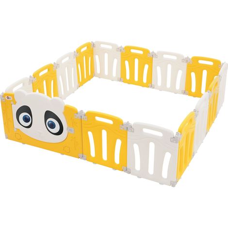 Joyz Box Bambini 160x160 cm Pieghevole Design Panda Bianco/Giallo Cancelletto con Porta e Orologio Didattico Recinto in Plastica per Interni/Esterni Cancelletto per l’Esplorazione dei Neonati