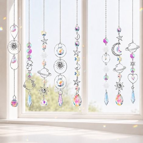 Ensemble d'attrape-soleil en cristal – 8 pièces – Design Soleil, Lune, étoiles et Planète – Suspensions de fenêtre arc-en-ciel – 34 cm – Pour fenêtre, salon et chambre à coucher (1/5)