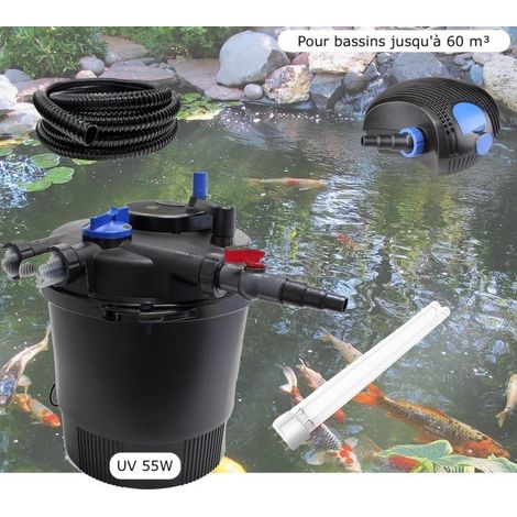 Kit Filtration Pression UV 55W, Pompe, + 1 ampoule UV de rechange Tuyau, Pour Bassins De 60000 L (1/5)