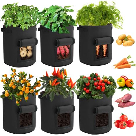 Sac de culture de pommes de terre de 10 gallons, paquet de 6 sacs de culture de plantes de jardin avec rabat, Pot en tissu respirant, noir (1/5)