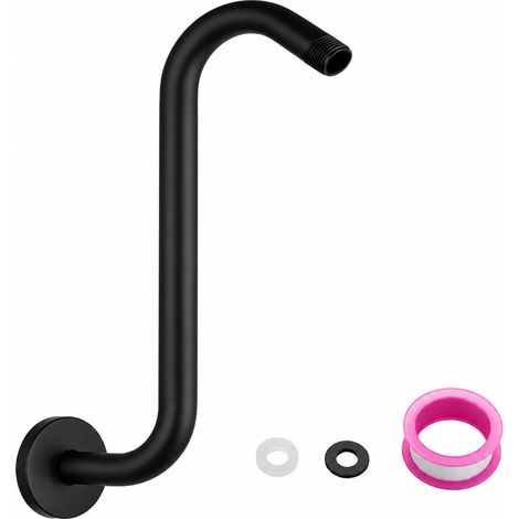 Bras de douche mural 400 g, petit tube en S noir avec rosace centrale et kit d'accessoires, rallonge en acier inoxydable – Livraison gratuite