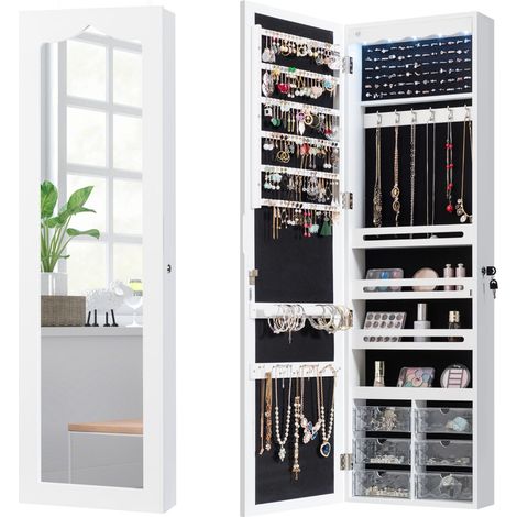 COSTWAY Wall Mounted LED Mirror Jewelry Organizer 6 Drawers-White (1/5)
