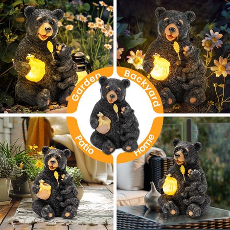 Statue de Jardin Ours Solaire Décoration Extérieure Lumineuse en Résine Étanche IP65 Figurines Mère et Bébé Ours avec Pot de Miel Éclairage LED pour Terrasse Cour Pelouse Cadeau Fête des Mères Anniver