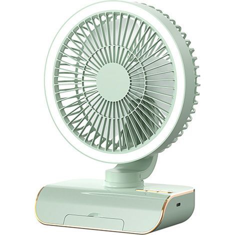 Ventilateur Bureau Multifonction Rechargeable USB – Automatique, Éclairage Ambiant – 5 Vitesses, Télécommande – Base Support Téléphone – Vert (1/5)