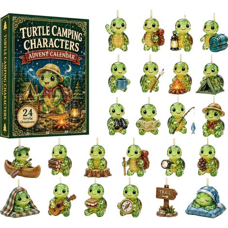 Adventskalender 2026 mit Schildkrötenmotiv – 24-teilig – grün-mehrfarbig – Acryl – 8 cm flache Anhänger – Schildkrötenmotiv – Christbaumschmuck – geeignet für Weihnachten und als Dekoration für den Wo (1/5)
