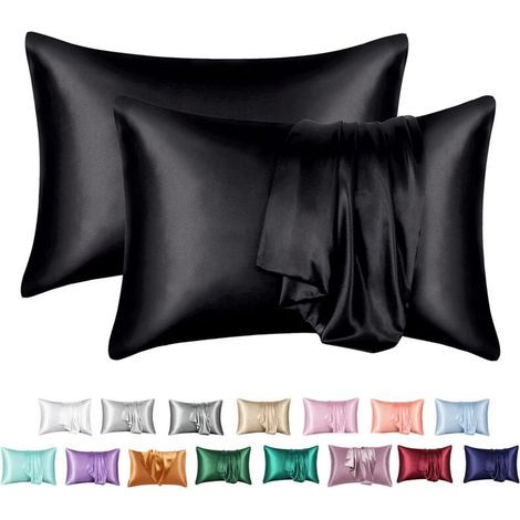 (Noir)Lot de 2 Taie d'oreiller Satin 50x75cm, Similaire à la taie d'oreiller en soie (1/4)