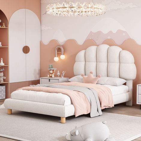 Lit Enfant 90x200cm - Tête de Lit Demi-Cercle - Tissu Bouclé Doux - Structure MDF et Bois - Pieds Centraux Renforcés - Hauteur Réglable - Capacité 150kg - Rose (1/5)