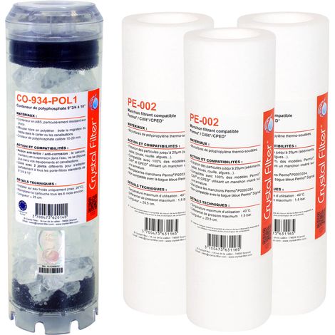 Crystal Filter – Kit de cartouches de rechange pour filtre PERMO DIPHOS – 3 manchons 20 µm compatibles – 1 cartouche polyphosphate – Limite tartre dans canalisations (1/5)