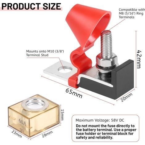 LALAGO MRBF Porte-fusible Bloc Goujon Unique 5/16", Bloc de Fusibles de Borne 60A 58V, Fusible de Batterie de Classe Marine pour Plusieurs Batteries D'allumage, Bateau, Camion, Camping-Car, Véhicules (1/4)