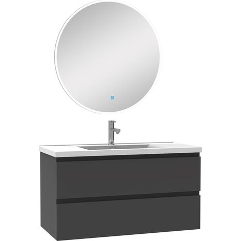 Ensemble meubles Salle de Bain Anthracite 100cm simple vasque + miroir lumineux rond (1/4)