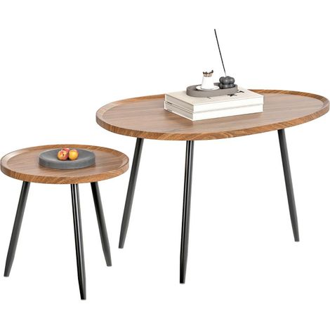 Nesting Coffee Table Set of 2, 80cm Modern Stacking End Side Table with Metal Legs for Living Room Bedroom Office, Chestnut Wood Effect (1/5)
