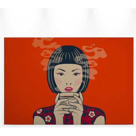 Tableau japonais femme avec tasse de thé | Tableau manga rouge idéal déco salon | Tableau sur toile moderne pour couloir 0,9 x 0,6 m (1/5)