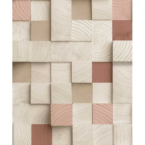 Papier peint bois mosaïque et touches rose poudré