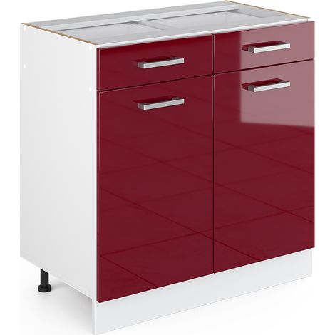 Unterschrank R-Line, Bordeaux Hochglanz, 80 cm mit Schubladen und Türen, ohne Arbeitsplatte, Vicco