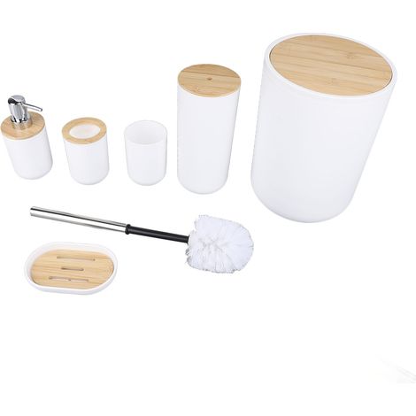 Lot de 6 accessoires salle de bain en PP et bambou : poubelle, distributeur savon, porte-savon, porte-brosse dentaire, gobelet, support balayette wc pour maison (1/5)