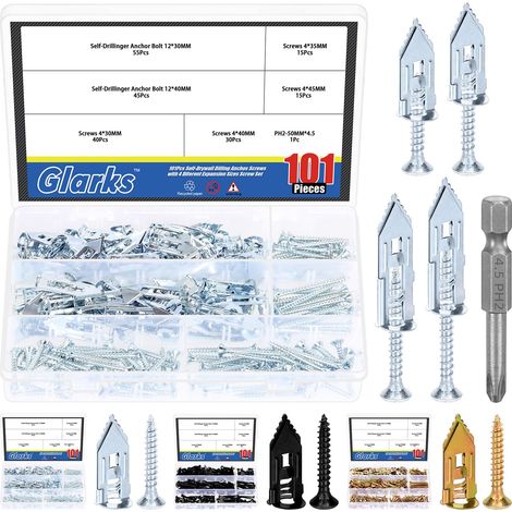 201pcs ancres auto-forage avec ensemble de vis, 100pcs en acier au carbone creux ancre mur vissage vis avec 100pcs vis et 1pcs PH2 bit kit pour aucun forage ou trous dans le mur (1/5)