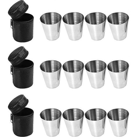 Verres à shot Shooter Glass, lot de 12, en acier inoxydable, avec étui en cuir zippé (3 pièces). (1/5)