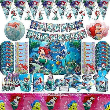 Décorations de fête d'anniversaire sur le thème de la Petite Sirène et de la princesse Ariel : vaisselle jetable pour filles (assiettes, gobelets, serviettes), cadeau 2025