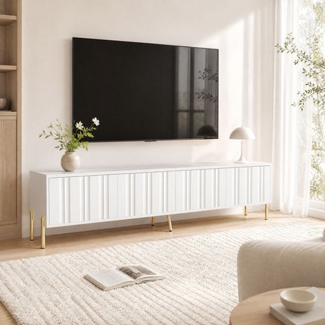 Mobile TV bianco 190 x 38 x 48 cm con 4 ante, piedi dorati e design scanalato HAVRYA (1/5)