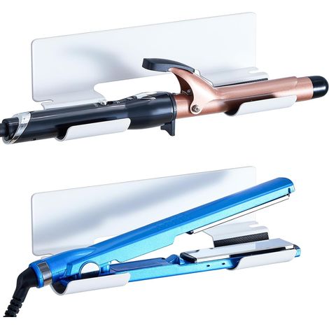 Porte Lisseur Mural, Support Mural pour Baguettes à friser, lisseurs & Styler Accessoire, Support Lisseur, Support Seche Cheveux, Porte Seche Cheveux et lisseur sans percage, Blanc (Lot de 2) (1/5)