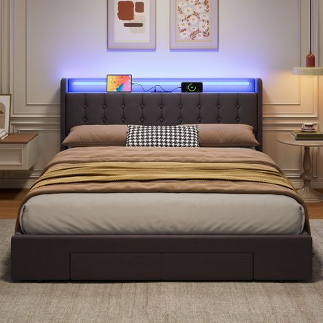 Bett 180x200 cm Gepolstert mit LED, 2 Große Schubladen, USB-Anschlüsse, Hydraulikmechanismus, Strapazierfähiger Samt - Modernes und Funktionales Design (1/5)