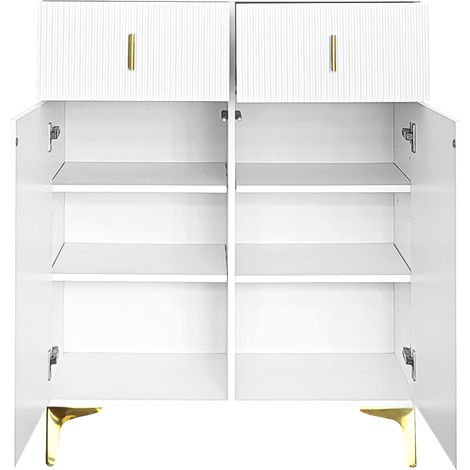 Credenza scarpiera bianca con 2 cassetti, 2 ante, ripiani regolabili e dettagli dorati (1/5)