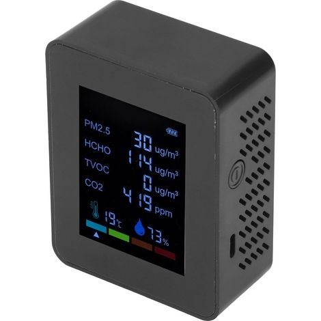 Multifunktionales 6-in-1-CO2-Messgerät, Luftqualitätsmonitor, Temperatur-, PM2,5-, TVOC- und HCHO-Detektor, USB-Ladefunktion, Schwarz (1/5)