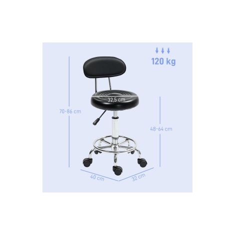 Tabouret à roulettes réglable en hauteur, tabouret pivotant avec dossier, roues, tabouret de travail avec repose-pied réglable pour bureau, similicuir, 32 x 40 x 70-86 cm, noir (1/5)