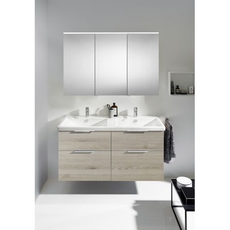 Burgbad Eqio Set, SFAQ123L, bestehend aus Spiegelschrank Version links, Keramik-Doppelwaschtisch und Waschtischunterschrank, Breite: 1230 mm, Farbe (Front/Korpus): Eiche Dekor Flanelle / Eiche Dekor Flanelle, Griff G0146 - SFAQ123LF2632G0146