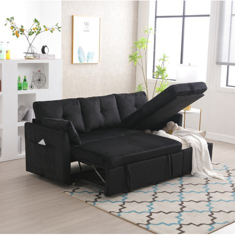 Sofá cama rinconera modular con almacenaje, chaise longue reversible 206 x 108 cm negro HAVRYA (1/5)
