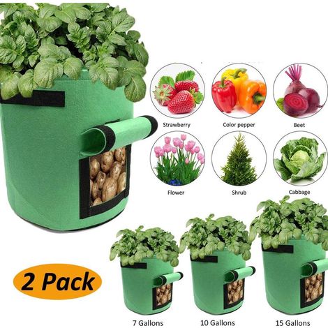 Sac de plantation, lot de 2, avec rabat d'accès et poignées, pour pommes de terre, pots de fleurs, sacs de plantation, conteneurs de plantes, jardinières, cache-pots, vert (taille : 7 gallons) (1/5)