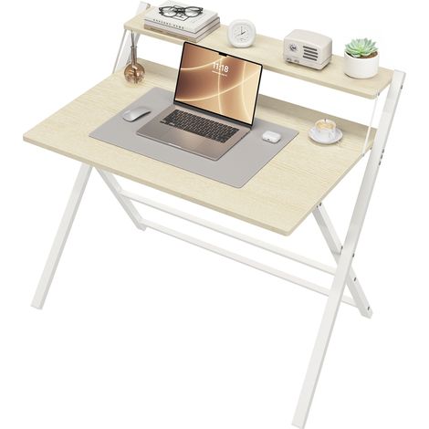 Yaheetech Scrivania Pieghevole per Computer a 2 Livelli Tavolo Pieghevole in Legno Moderno Design Scrivania Salvaspazio Compatto Tavolino con Ripiano per Monitor Legno Chiaro/Grande