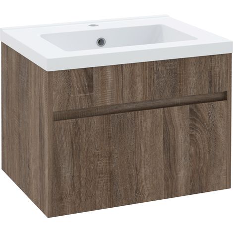 Meuble lavabo 60 cm avec vasque en ceramique meuble de salle de bain suspendu en bois avec tiroir soft close marron clair