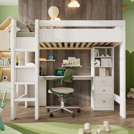 Lit enfant - KOMHTOM - 90x200 - Bureau 160 cm avec USB & Type-C - 3 étagères & 3 tiroirs - Blanc (1/5)