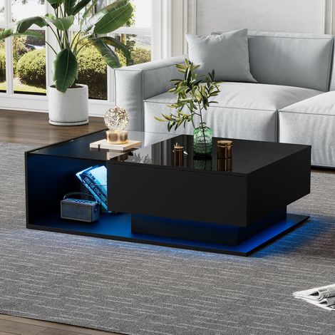 Mesa de centro 100 x 50 x 32 cm con tablero de cristal, 1 cajón y LED negro HAVRYA (1/5)