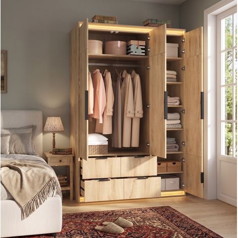 Armario ropero 3 puertas 135x47x200 cm MDF con espejo LED - CHICFURN (1/5)